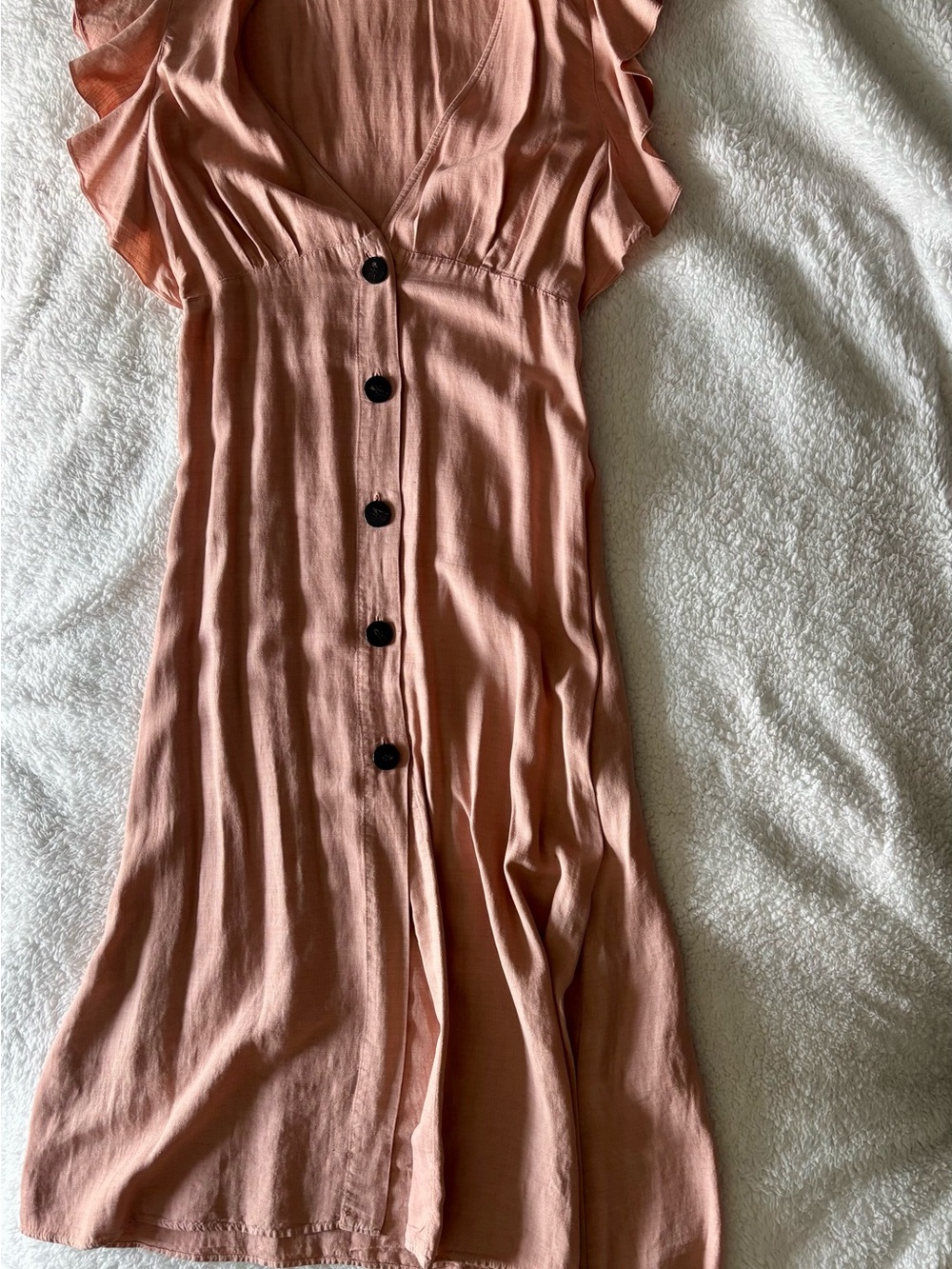 Zara Blush Pink Button-Front Midi Dress with Ruffle Sleeves